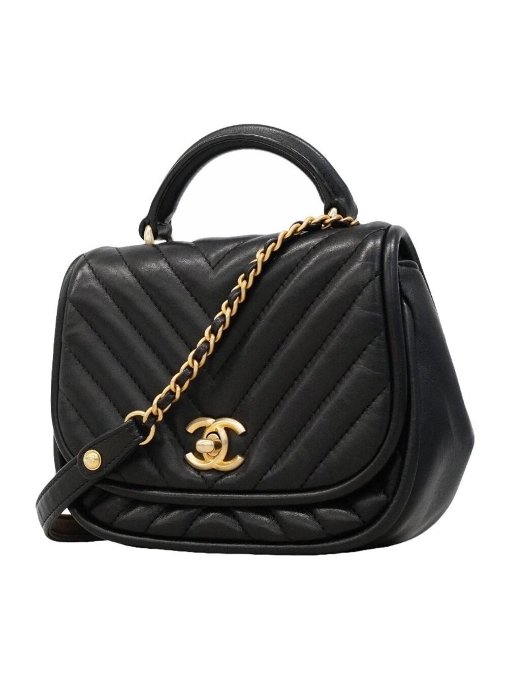 Chanel Handbag Stitch Lambskin Black Champagne Gold 2-Way